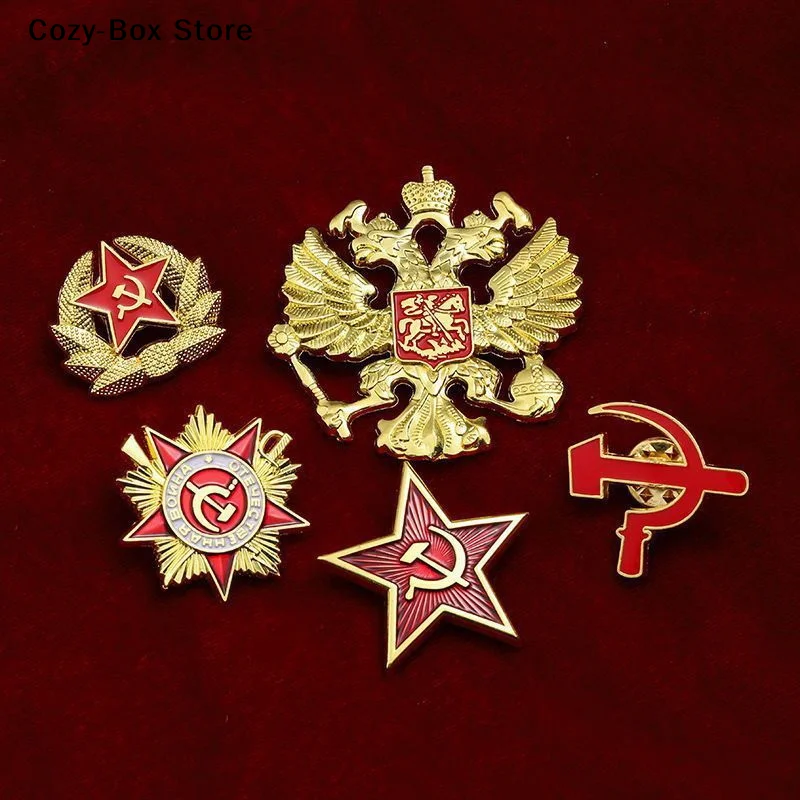 Image of Russisches Doppeladler-Emblem, sowjetischer Sichel-und-Hammer-Medaillen-Anhänger, erstklassige patriotische Medaille, roter fünfzackiger Stern, Metallbrosche