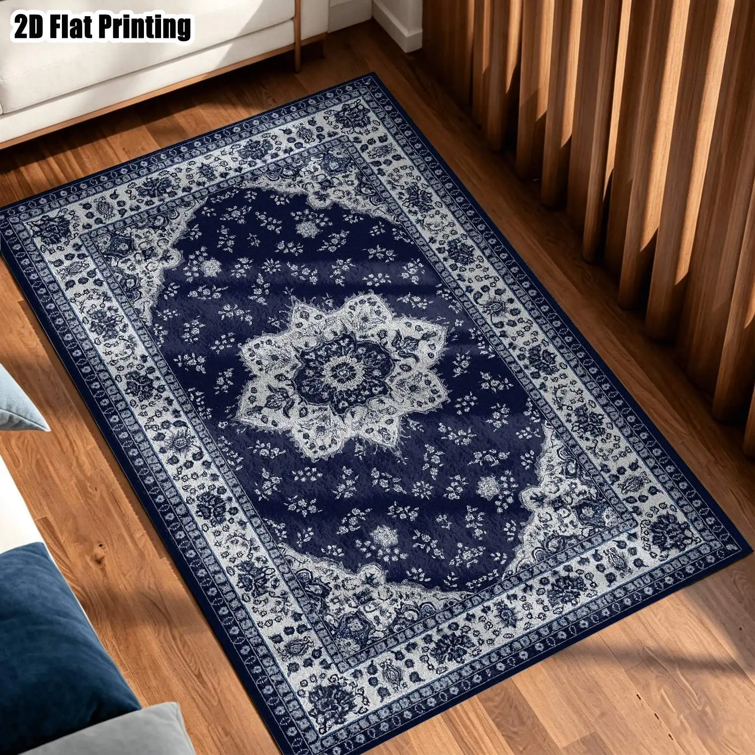 1Pc 2D Printed Carpet: Blue White Floral Geometric Pattern, European/Retro/Bohemian Style, Home Decor, Machine Washable, Multiple Sizes for Living Room, Bedroom, Dining Room, Entryway, Study