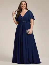 Plus size Evening Dress V Neck Appliques Pleated Floor-Length 2025 Ever Pretty of Lace applique Navy Blue Bridesmaid Dress