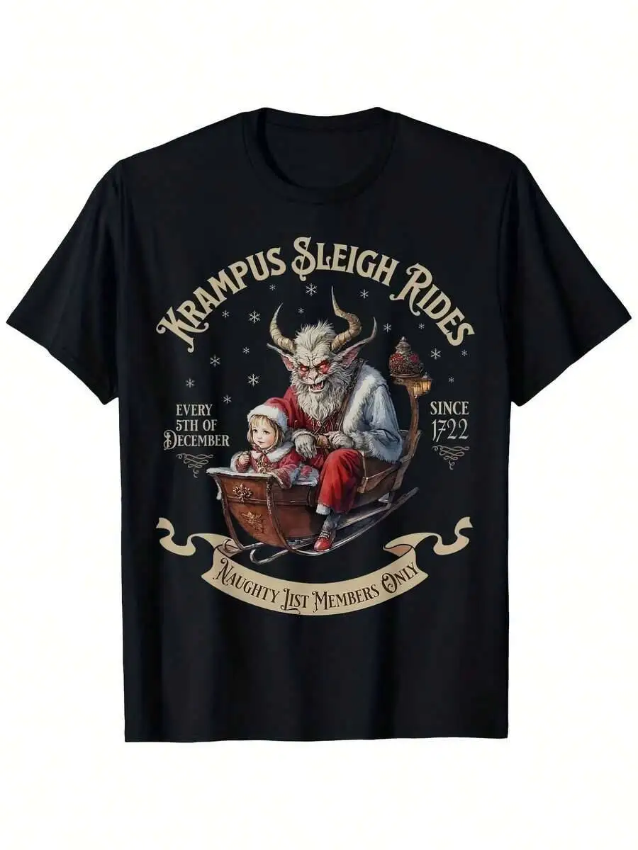 Krampus Sleigh Rides Tee - Made From 100%, Soft Stretchy, Featuring Crew Neck Sleeves, With A Festive Holiday Graphic. 100%