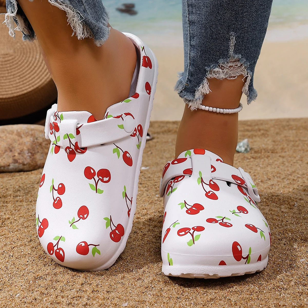 Damen-Slip-On-Sandalen mit Kirschmuster, bequem, langlebig, mit doppelter Schnalle, verstellbar, leicht, tragbar, für Reisen, Urlaub, Straße – Detail 3