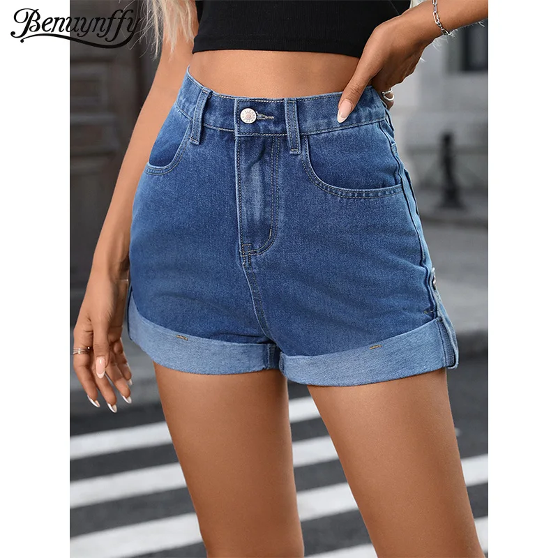 

Benuynffy Summer High Waist Rolled Hem Denim Shorts Women Streetwear Elastic Waist Pockets Casual All-Match Female Jeans Shorts