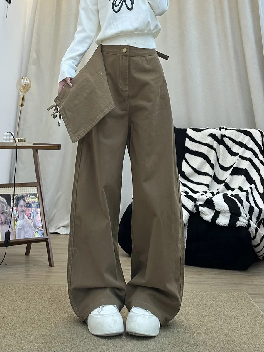 ReddaChic-pantalones largos rectos para mujer, pantalón Retro caqui liso, informal, holgado, de tiro alto, por encima de la parte delantera, Palazzo