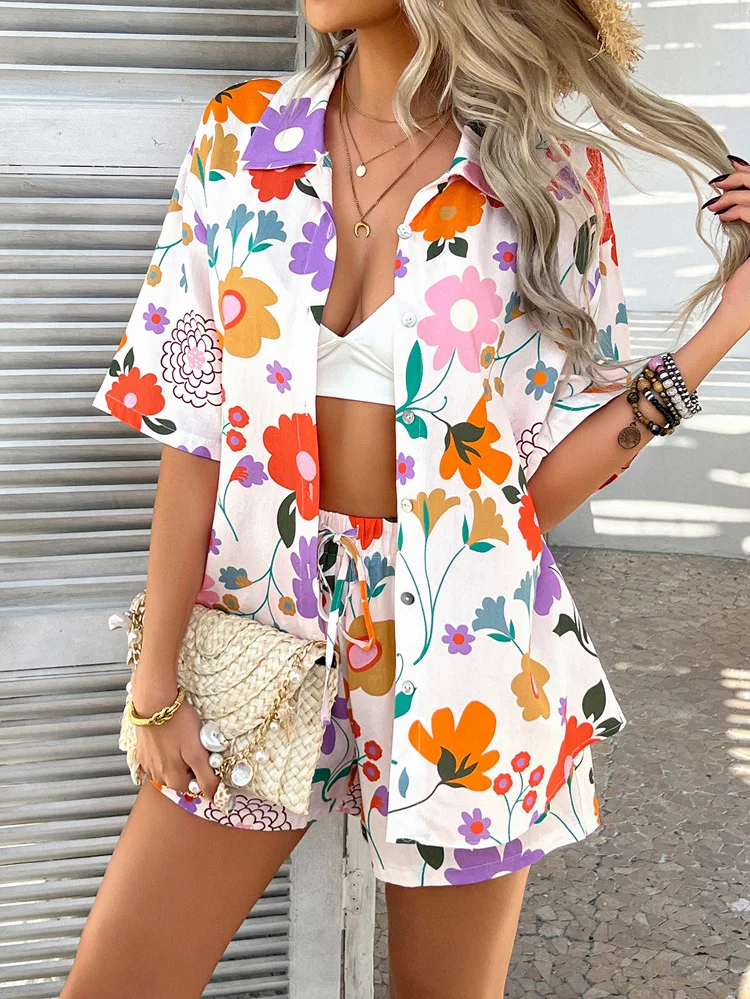 

2026 New Fashionable Printed Button Lining+shorts Two-piece Sets Women's Summer Casual Loose Top Shorts Set For Women