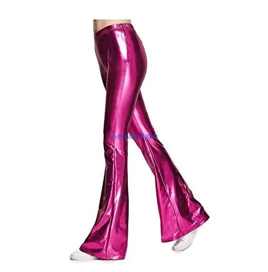 Leather Sexy High-waisted Women's Pants, Bright Leather Flared Pants, Trousers Stage Wear