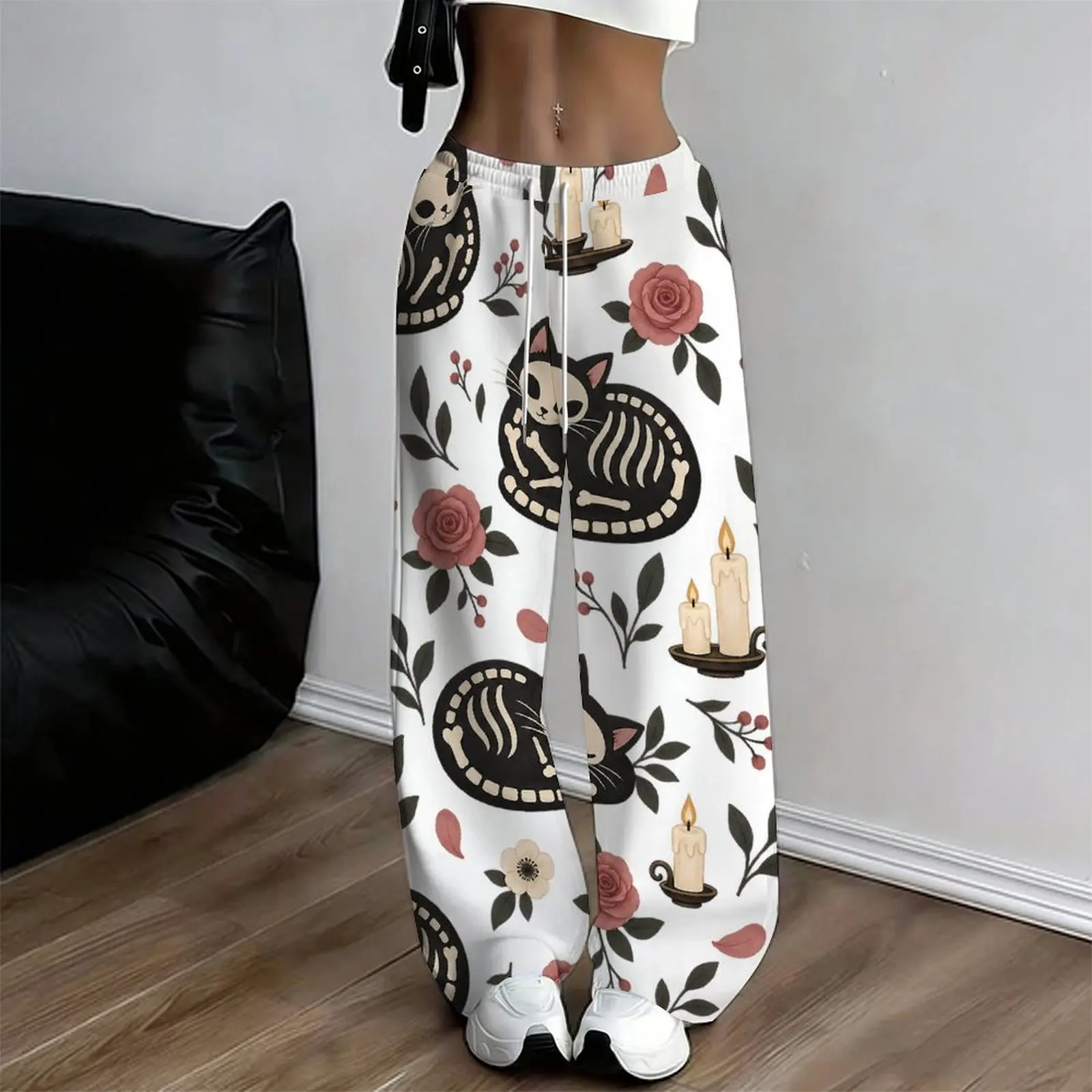 Women Loose Straight Leg Full Length Printed Pants White Base with Raven Rose Moon Star Candle Pattern