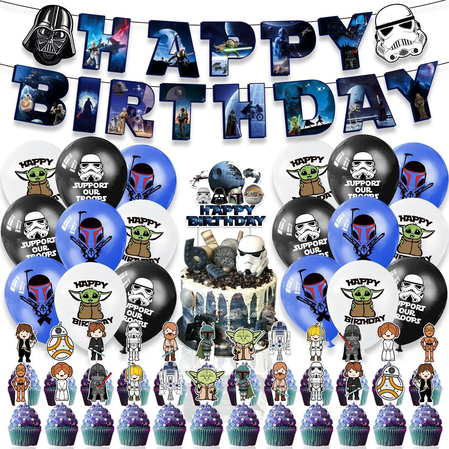 Ballons en latex et ballons en aluminium sur le thème de Star Wars Anime, Yoda Maître Robot, bannière Joyeux Anniversaire, vaisselle, décoration de gâteau