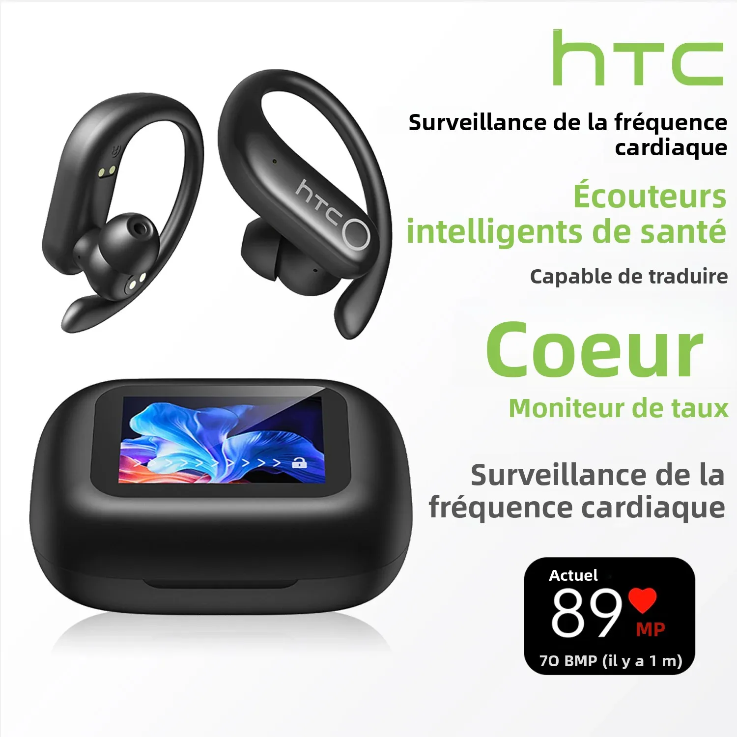 HTC Powerbudts NE61 Bluetooth écouteurs réduction du bruit sport casque sans fil AI traducteur moniteur de fréquence cardiaque écouteurs
