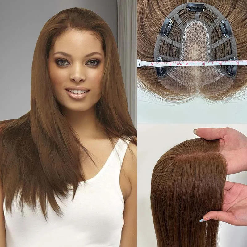 Virgin Human Hair Topper for Women Brown Color Lace Front Hairline Straight Style Can be Restyled Clips On Hair Pieces