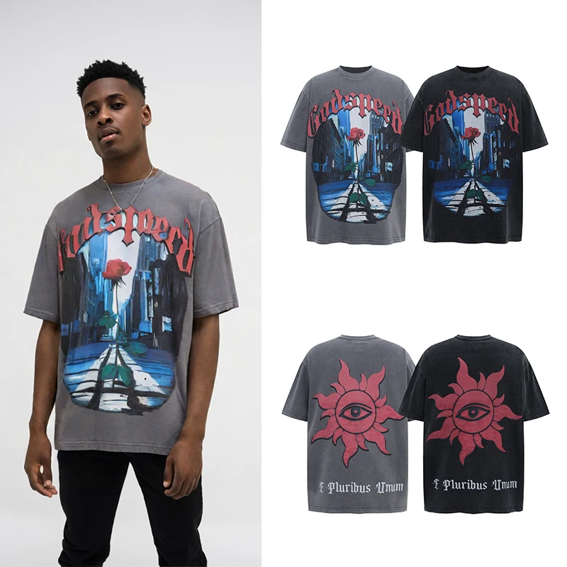 

Printed t-shirt street style Gothic clothing men's fashion Summer clothes streetwear rose cotton tee all see eyes gray shirt