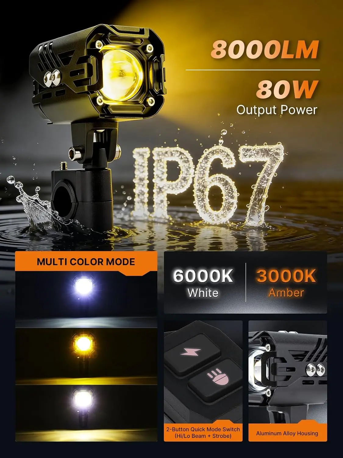 Motorcycle LED Fog Lights 80W Auxiliary Driving Spotlights White Amber Fog Lights Dual Color Strobe With Mount Brackets 8000LM O