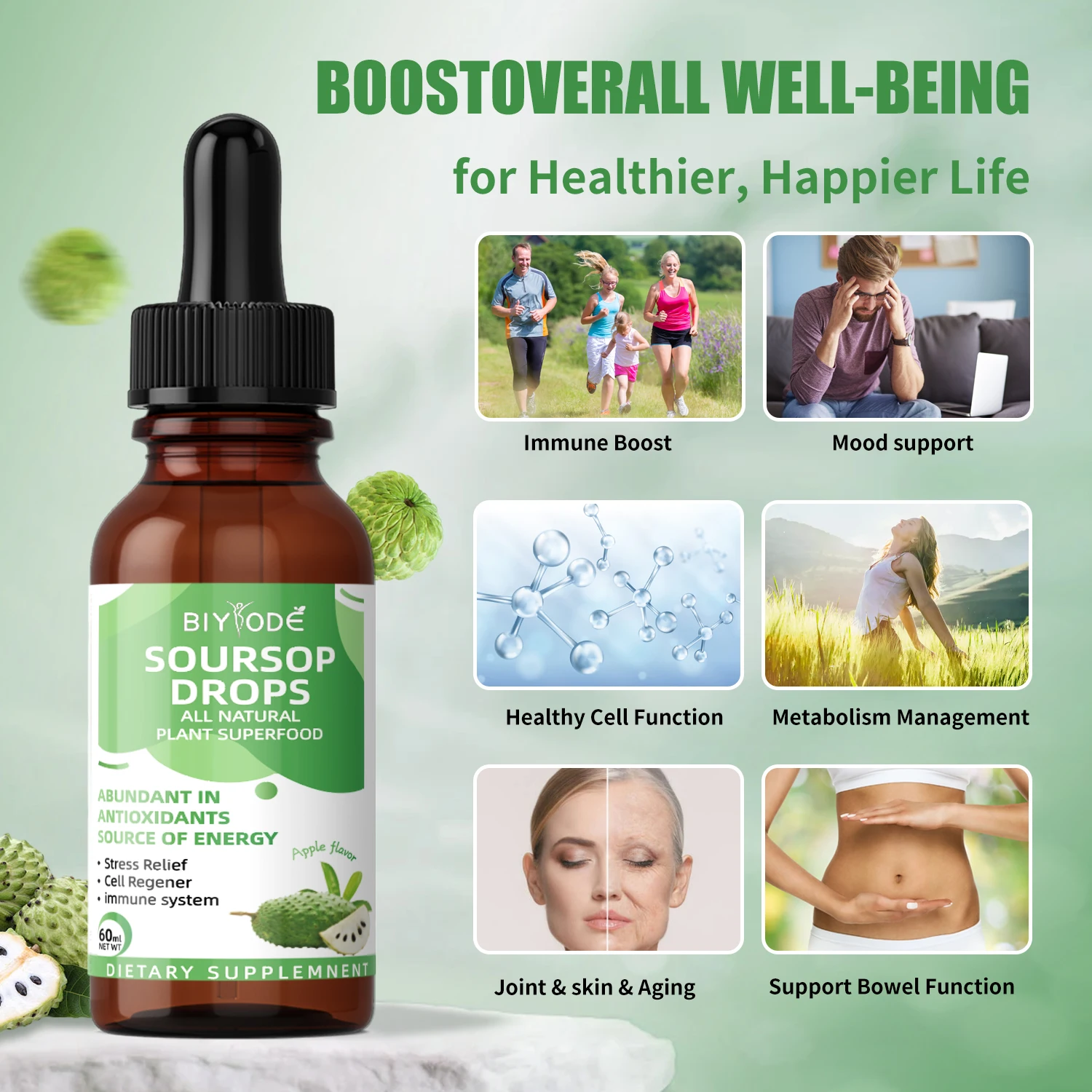 【BIYODE】SourSop Graviola Liquid Drops Cell Support & Regeneration مضاد للأكسدة وتعزيز المناعة والاسترخاء على الكبد والمساعدة على النوم