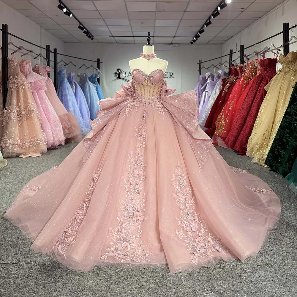 Luxury Pink Quinceanera Dress Ball Gown Strapless Sweetheart Corset Bow Back Long Train Custom Size Vestido de Quinceanera