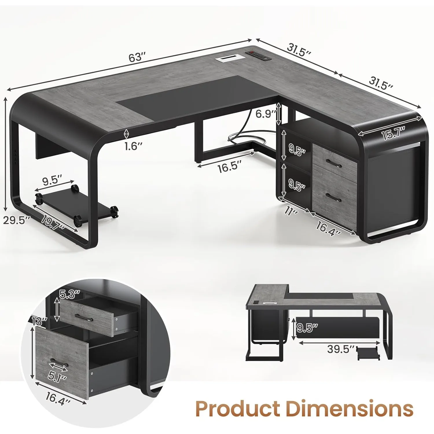 63 Inch L Shaped Desk with Drawers, Large Office Desk with Storage Shelves,Computer Desk with Power Outlets and Mobile CPU Stand