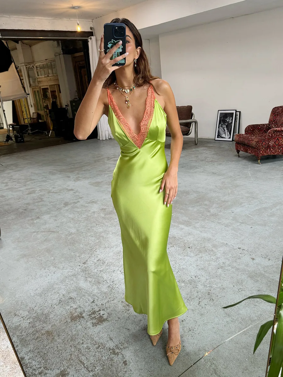 Wolfeel Damska Sukienka Maxi na Ramiączkach z Koronką, Satynowa Tekstura, Koronkowe Wykończenie, Seksowny Głęboki Dekolt w Serek, Dopasowana Sukienka na Ramiączkach, Długa Sukienka, Nowość na Lato 2026