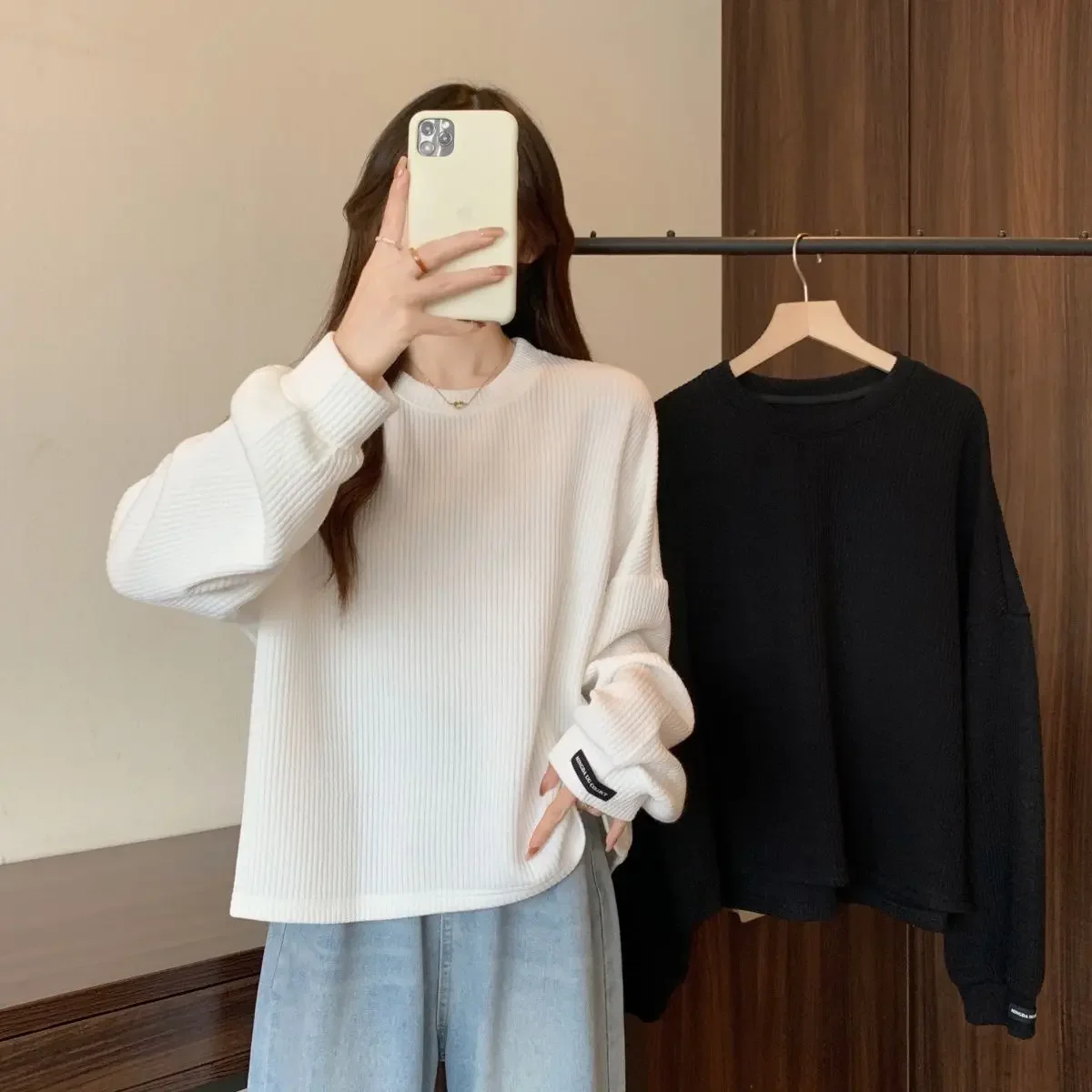 Large Pit Stripe Korean Underlay Shirt for Women Autumn and Winter New Loose Slim Simple and Warm Long Sleeve Top Ins Clothes