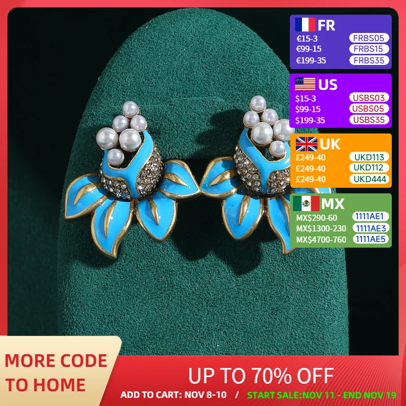 

Vintage Pearl blue goldfish tail pearl Stud Earrings for Woman Jewelry Antique Accessories Gold Color Korean Fashion New 2025