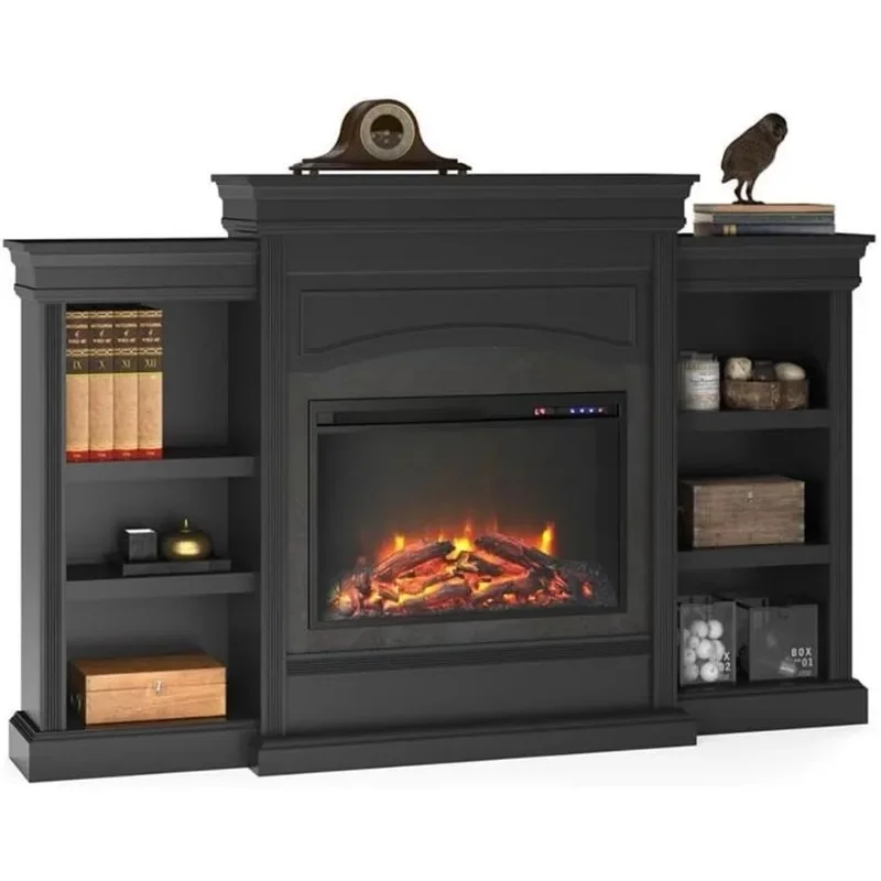 Ameriwood Home Lamont 69 Inch Electric Fireplace with Mantel, Shelves, Replaceable Fireplace Insert Heater, Remote Control