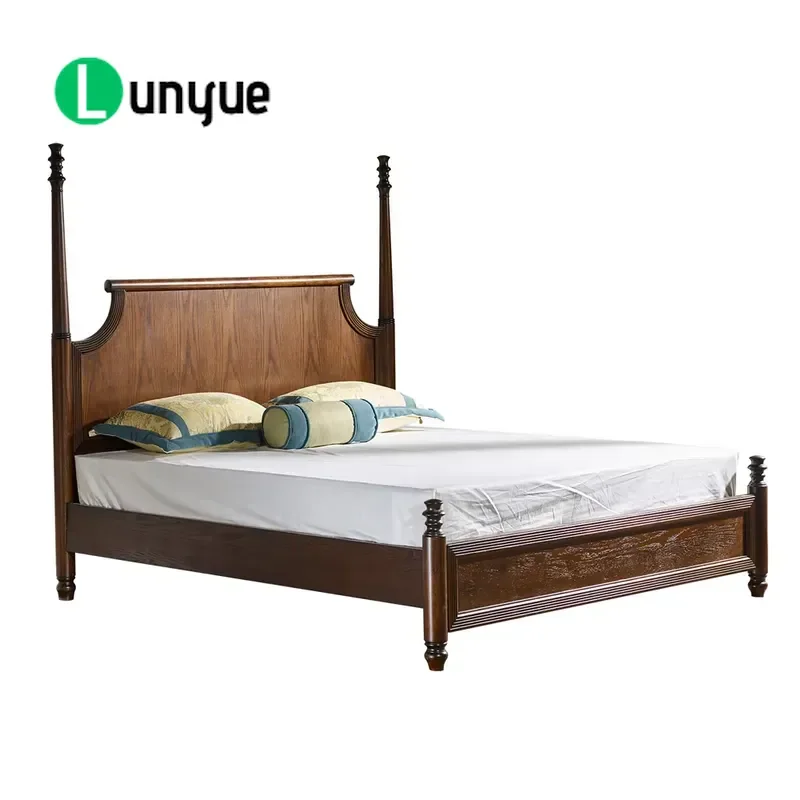 American Rural Traditional Solid Wood Bed Birch Rubberwood Frame Durable Home Hotel Furniture Classic Design Sturdy Bedroom