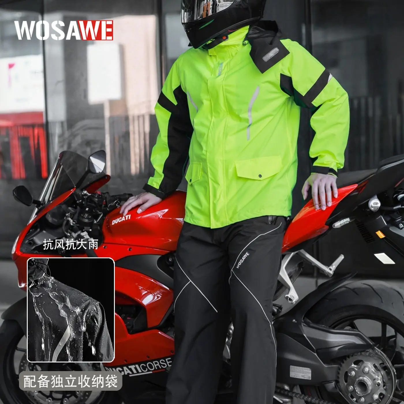 WOSAWE Motorcycle Rainsuit Waterproof Reflective Jacket Pants Set with Hood Shoe Covers Portable Rain Gear