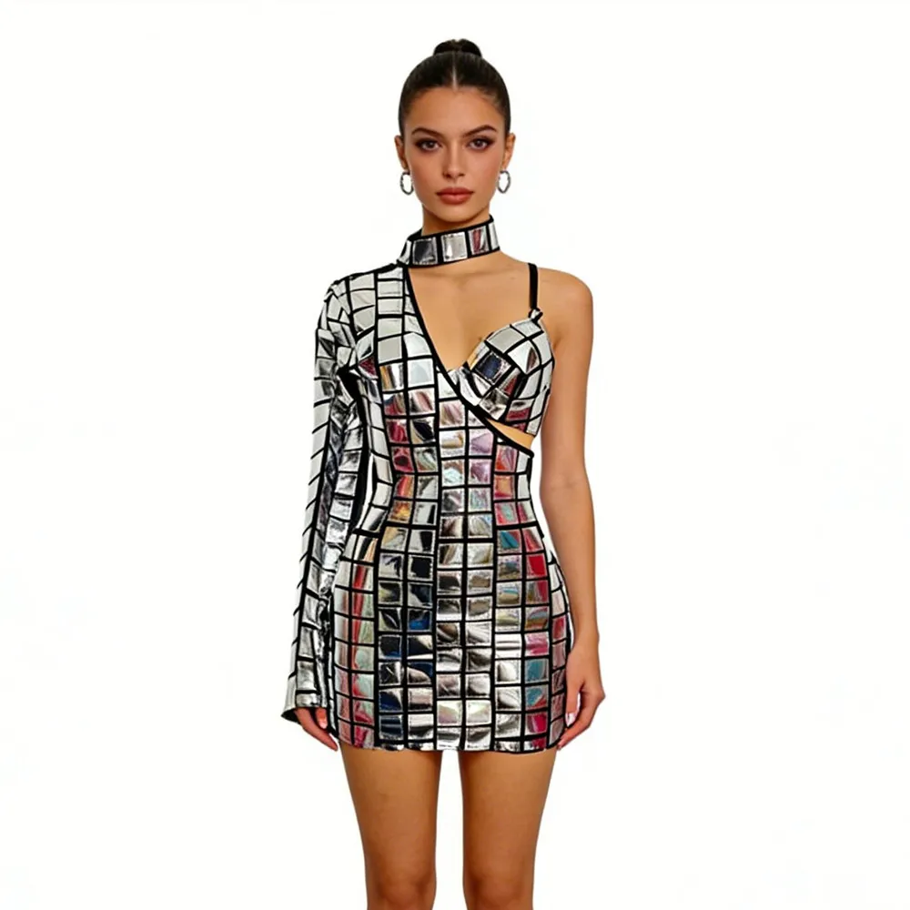 

Silver Laser Sequin Single Sleeve Mini Dress Women Singer Dancer Nightclub Stage Performance Costume Club Party Festival Clothes