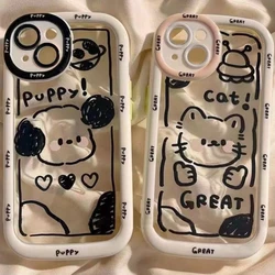 Cream Shell Black Line Puppy Kitten Phone Case For iPhone 11 12 13 14 15 16 pro max