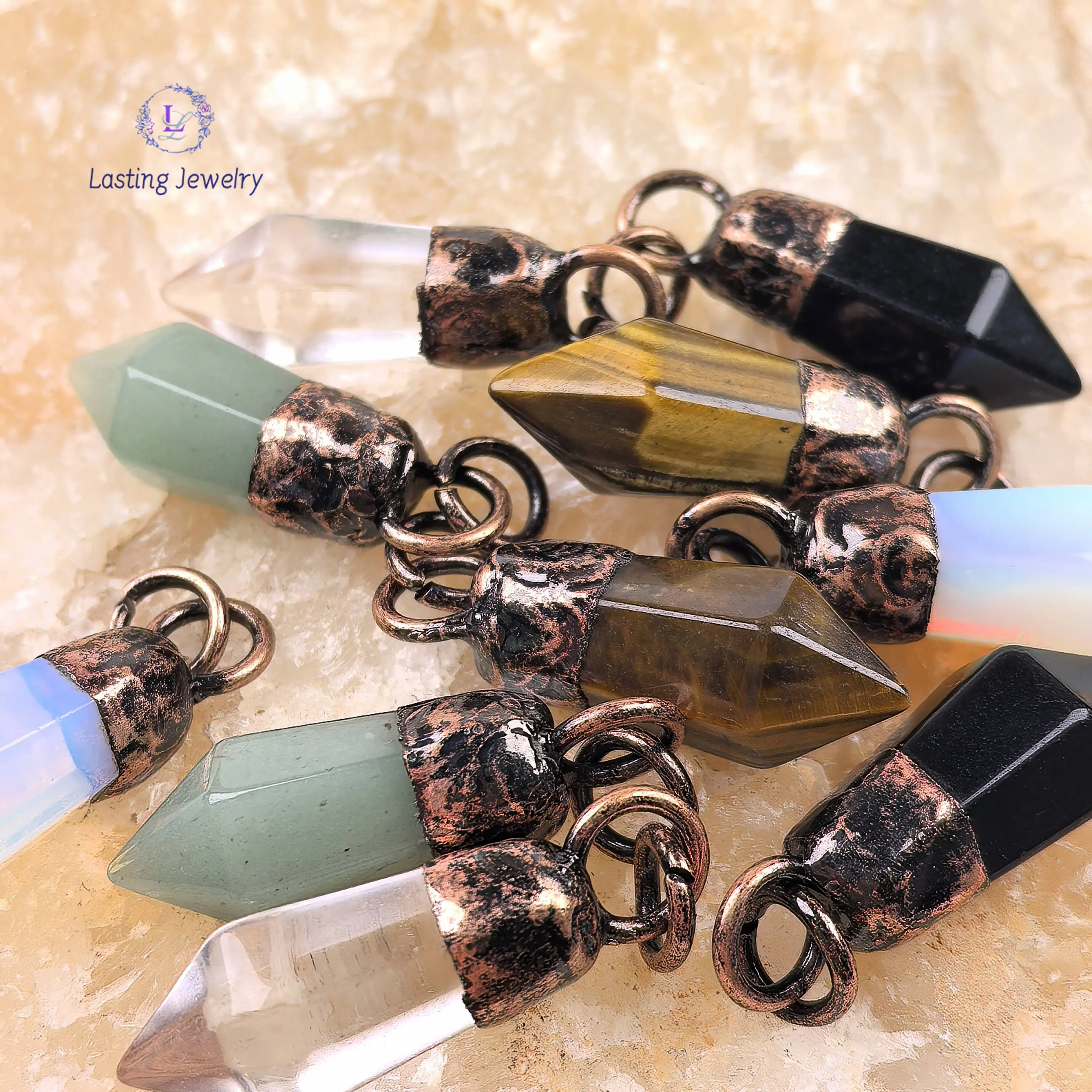 العتيقة النحاس سداسية نقطة الأحجار الكريمة المعلقات ، الريكي كريستال سبج عين النمر البندول المعلقات عقد بطرا عتيق لتقوم بها بنفسك مجوهرات