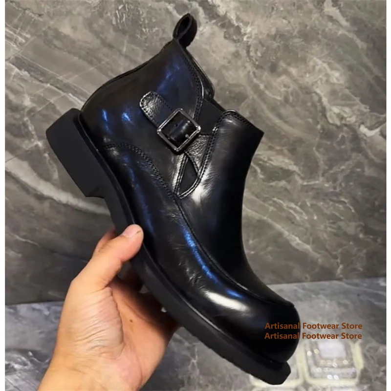 Men's Black Buckle Strap Boots Black Leather Elastic Side Slip On Chelsea Ankle Boots for Business Office Casual Boots
