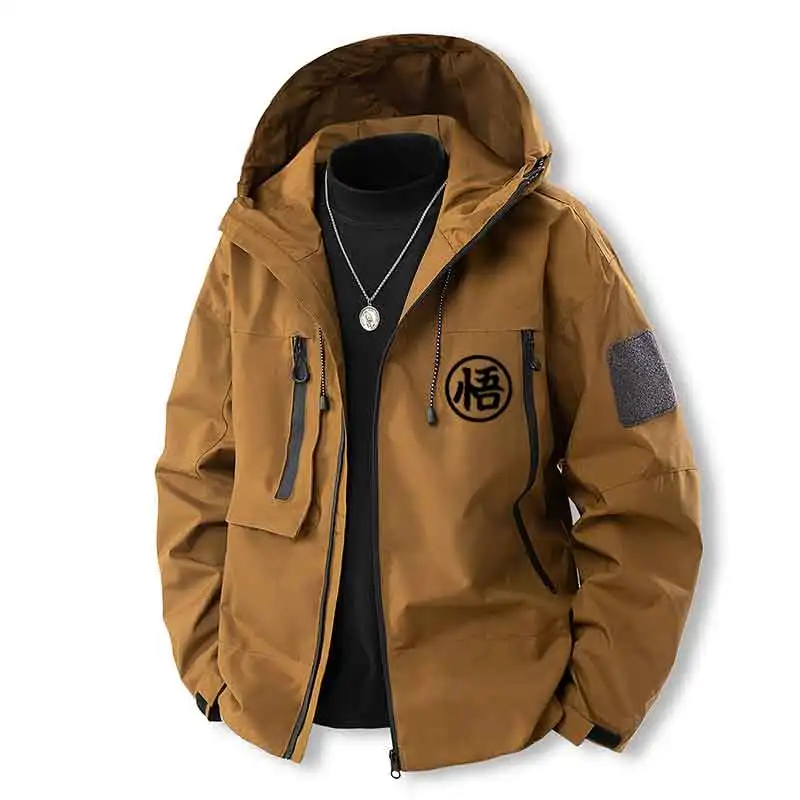 

Men's hooded trench coat casual sports hooded jacket vintage Harajuku zippered cardigan multi-pocket casual loose streetwear
