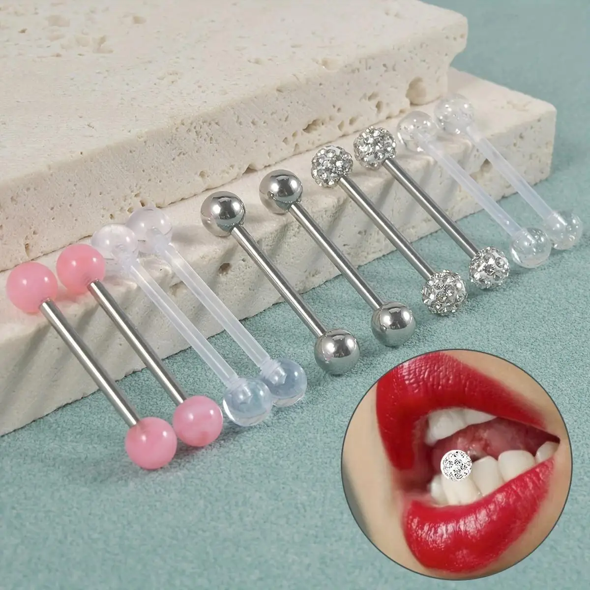 10pcs/Set 14G Stainless Steel & Acrylic CZ Ball Tongue Ring Inlaid Shiny Rhinestone Elegant Nipple Ring Body Piercing Jewelry