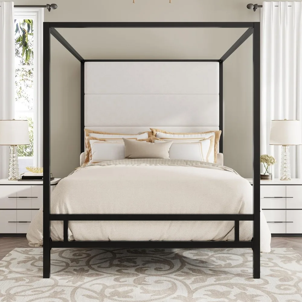 Size Canopy Bed with Tall Velvet Fabric Upholstered Headboard, Metal 4-Poster Bed Canopy Bed Frame, Queen Canopy Platform