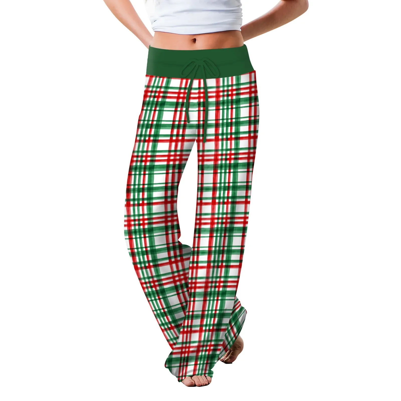 Christmas Print Pajama Pants Womens Mid Waist Stripe Drawstring Home Trousers Wide Leg Light Weight Xmas Sleepwear New Year