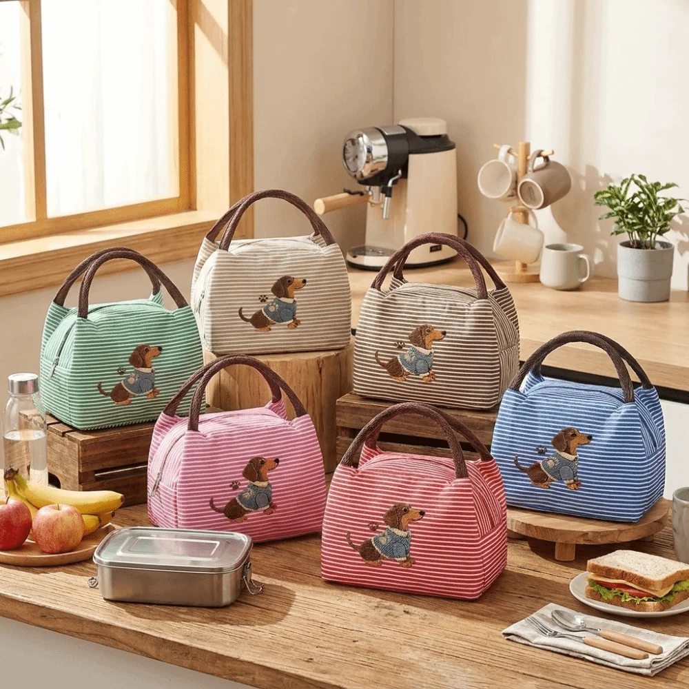 Reusable Puppy Embroidery Thermal Lunch Bag Striped Insulated Tote Bag Portable Handheld Food Container Bag Travel