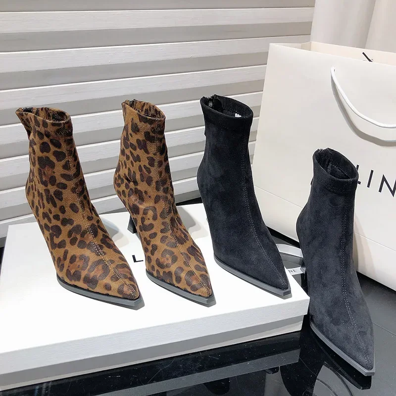 

Leopard Print Women Ankle Boots Fashion Elegant Dancing Party Prom Shoes High Heel Women's Modern Short Booties