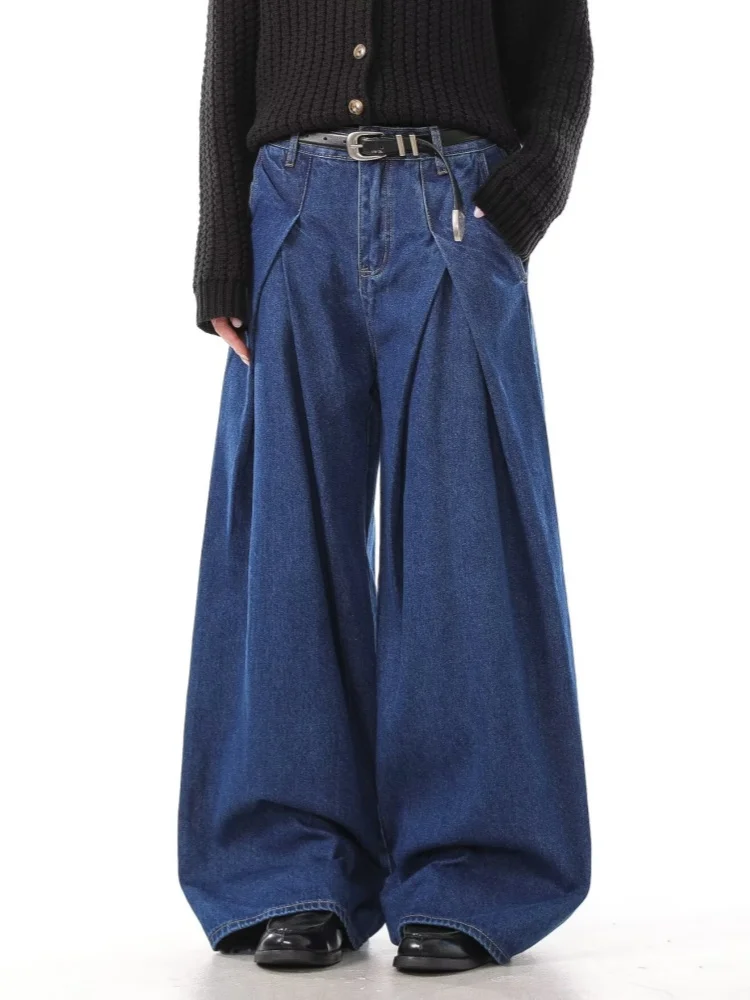 

2024 Trend Y2K Стиль Синие плиссированные повседневные мешковатые женские джинсы Брюки для женской одежды Широкие свободные джинсовые брюки Ropa Mujer