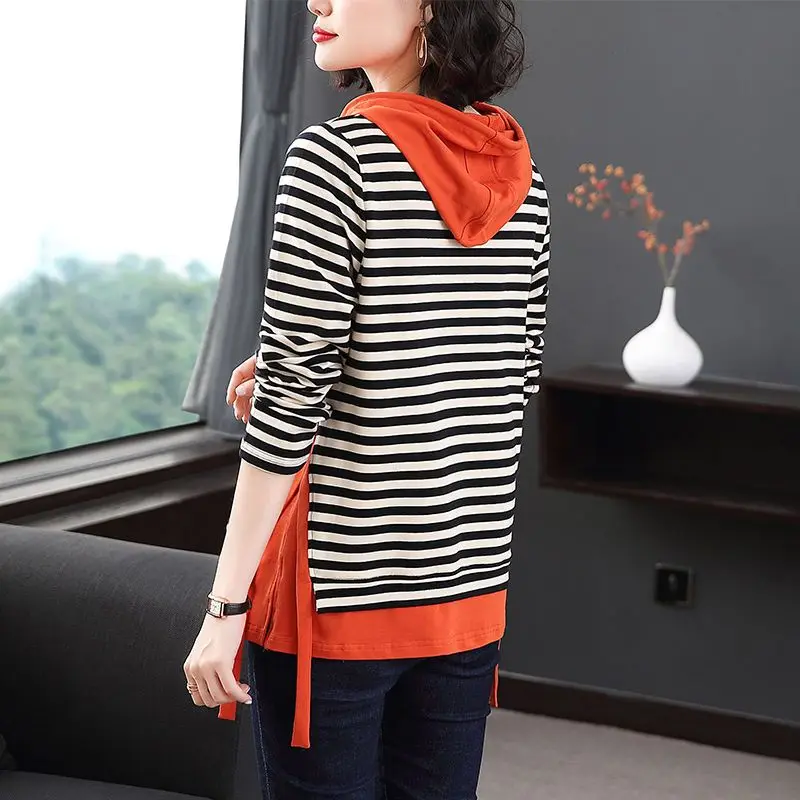 Women's Casual Striped Printing T-shirt Long Sleeve 2023 Spring and Autumn New Loose Patchwork Drawstring Hooded Pullover Tops