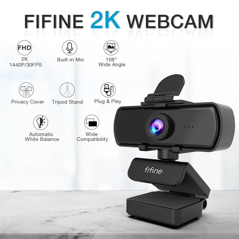 FIFINE 1440p Full HD PC Webcam with Microphone, tripod, for USB Desktop & Laptop,Live Streaming Webcam for Video Calling-K420