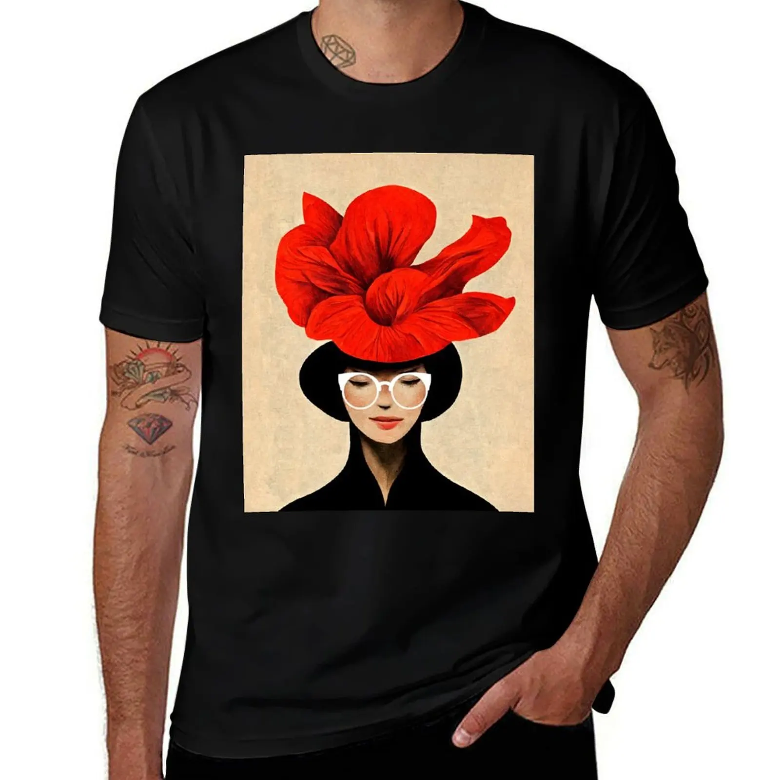 Beautiful woman with flowers in her hat vintage art T-Shirt Holiday Party for Men T-Shirt