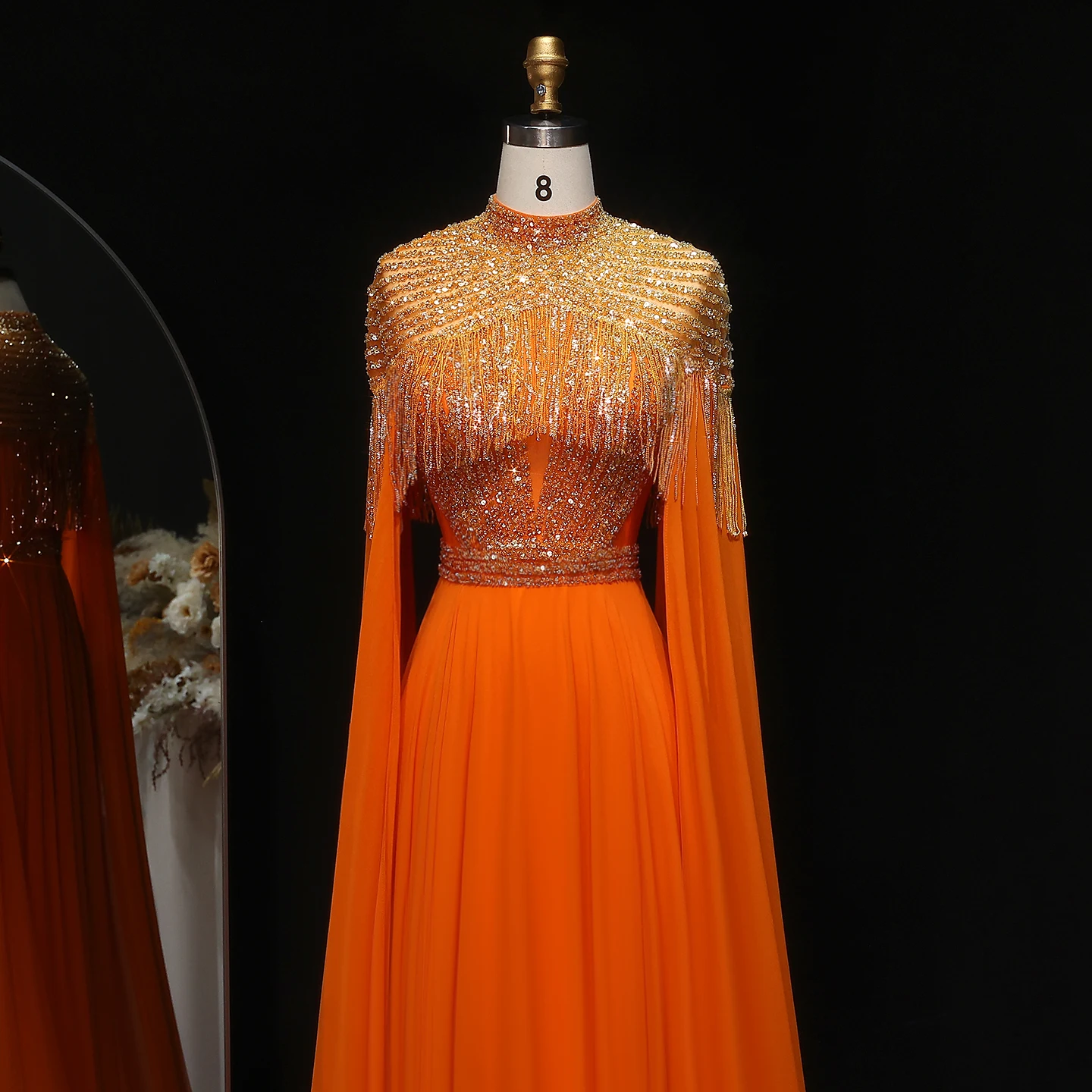 

Sharon Said Dubai Luxury Orange Evening Dresses with Cape Sleeves Long Women Wedding Party Prom Gowns Arabic SF339 Customized