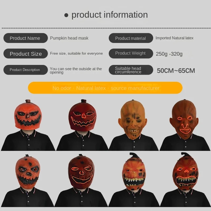 Halloween Pumpkin Head Scary Mask Masquerade Party Glow Face Mask Scary Spooky Party Joke Prop Cosplay Latex Skull Mascara Oni