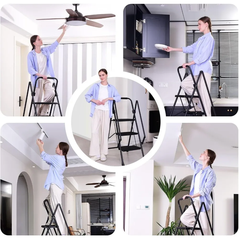 Folding 4-Step Steel Ladder with Handrails, Wide Pedals, 500lbs Capacity for Household Use, Durable and Sturdy Step Stool