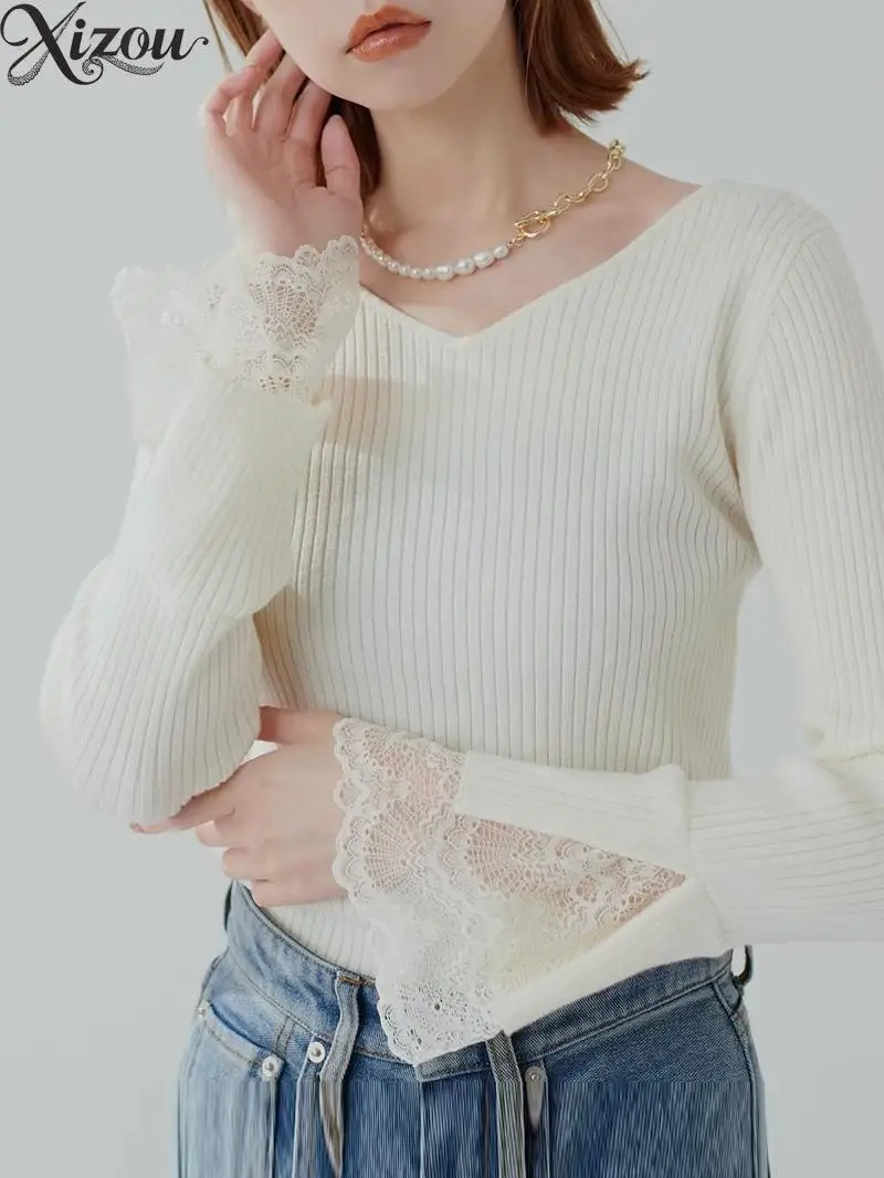 

2025 Spring Autumn Pullover Sweaters New Japanese Style Solid Color V Neck Knit Shirt Lace Casual Women's Knitted Sweater