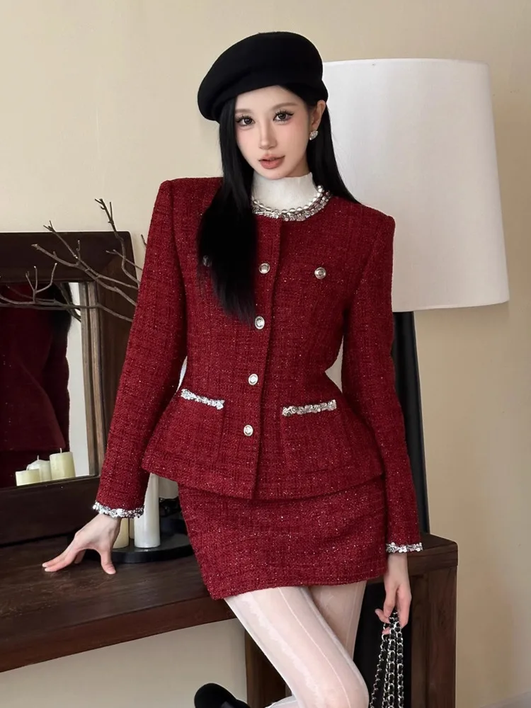 جودة عالية أزياء تويد الدعاوى النساء الحلو شيك سترة معطف + تنورة قصيرة 2 قطعة مجموعات الإناث الفرنسية أنيقة قطعتين وتتسابق #3
