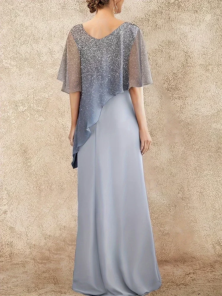 Plus Size Chiffon Mother of the Bride Dresses Dusty Blue Ombre Sparkly Print  Long Evening Gowns Wedding Guest Prom Dress