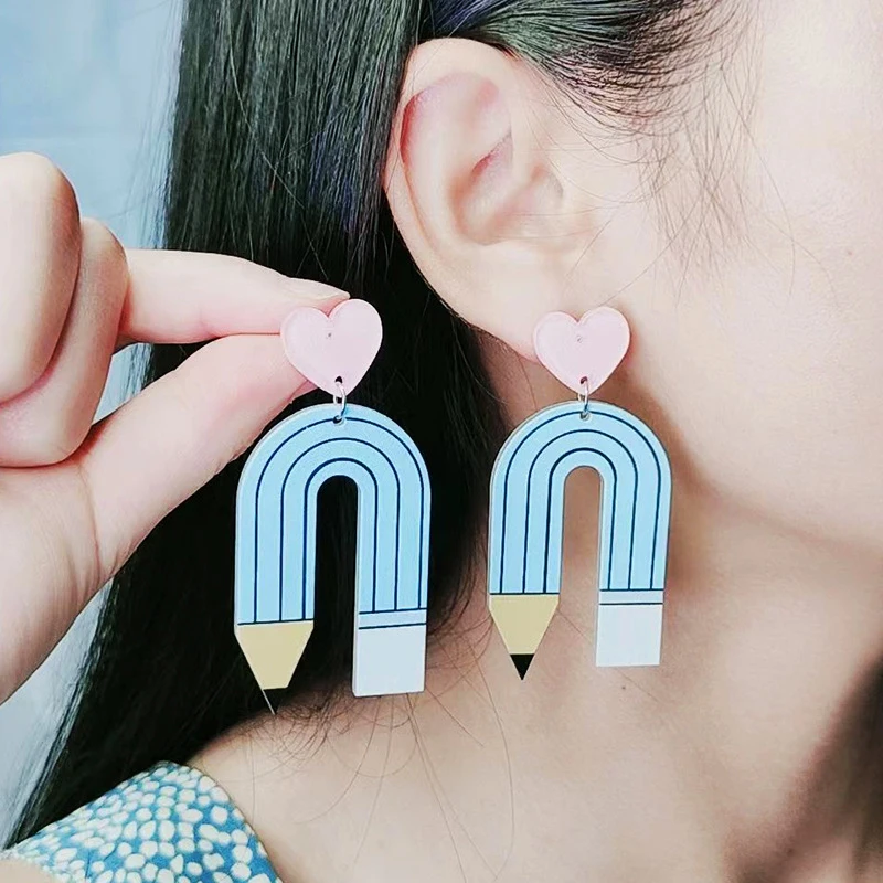 Creative Pencil Pattern Earrings For Women\'s Acrylic Stripe Pendant Jewelry With Contrast Color Love U-shaped Fashion Accessorie