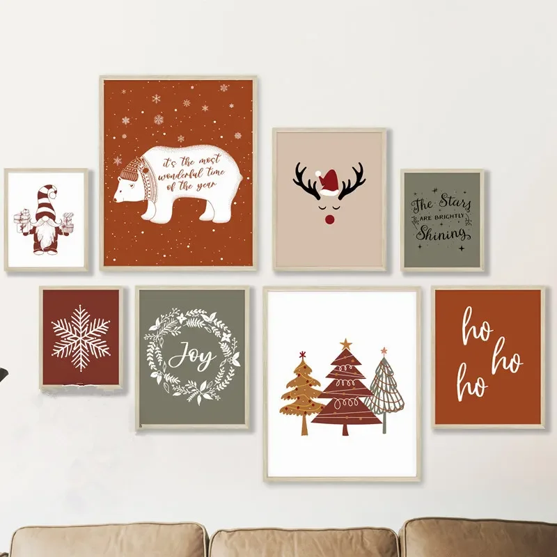 Weihnachten Decor Retro Poster Cartoon Santa Claus Deer Baum Nordic Wand Kunst Leinwand Malerei Bilder Kinder Zimmer Dekoration
