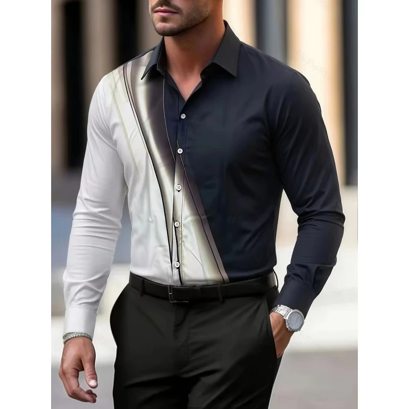 Men's Color Block Print Shirt Business Casual Long Sleeve Button Down Formal Contrast Print Shirt Men Fashion Top