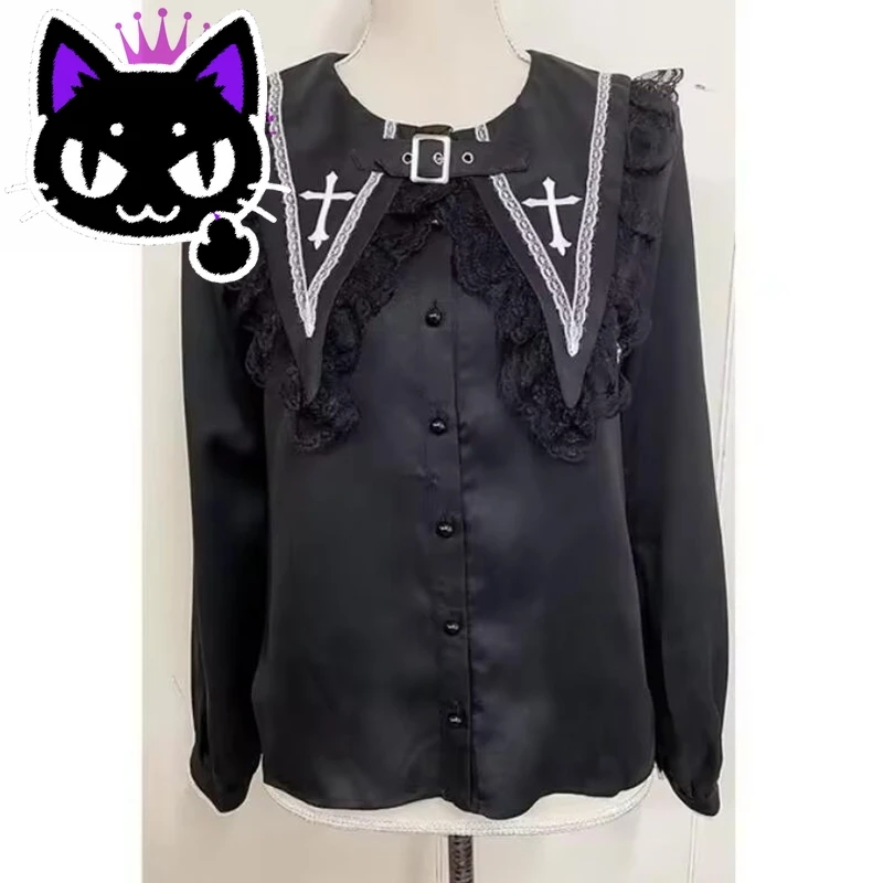 2025 hot sale Gothic Lolita Blouse Fairy Grunge Black White Lace Ruffles Cross Embroidery Long Sleeve Shirt Harajuku Y2K Japanes