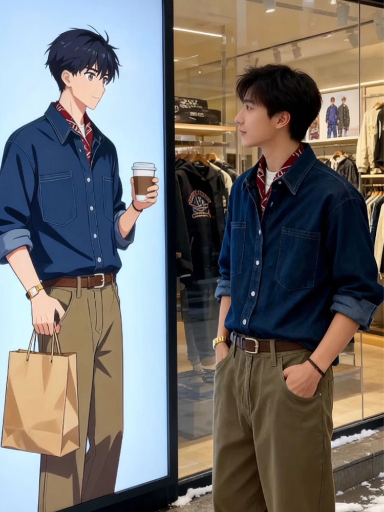 

Синяя мужская джинсовая рубашка в американском ретро-стиле с длинным рукавом, в корейском стиле, для зимы и весны, очень стильная, крутая верхняя одежда/куртка