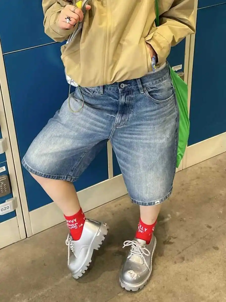 

American Style Retro Denim Five-Point Pants Women's Spring Summer Loose Slim Straight Leg Medium Pants Washed Casual Wide Leg...